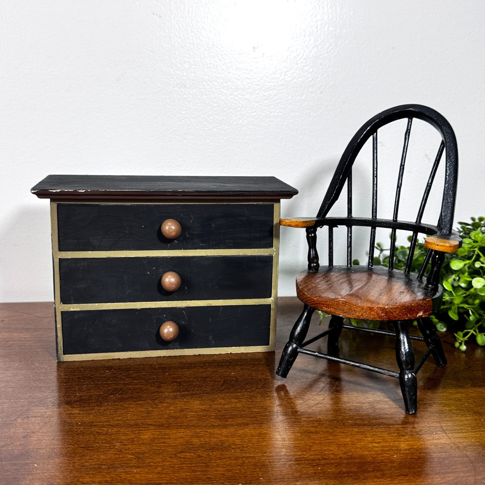 Vintage Miniature Windsor Chair & 3 Drawer Chest Primitive Black Farmhouse